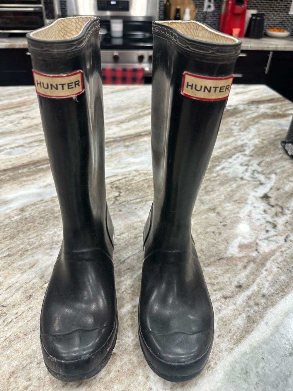 Hunter Black Knee-High Rubber Rain Boots with Logo Trim